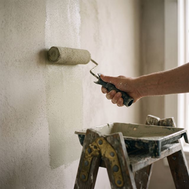 Maler streicht eine Wand mit der Farbrolle