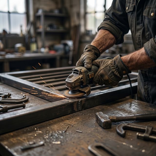 Metallbauer schleift ein Geländer