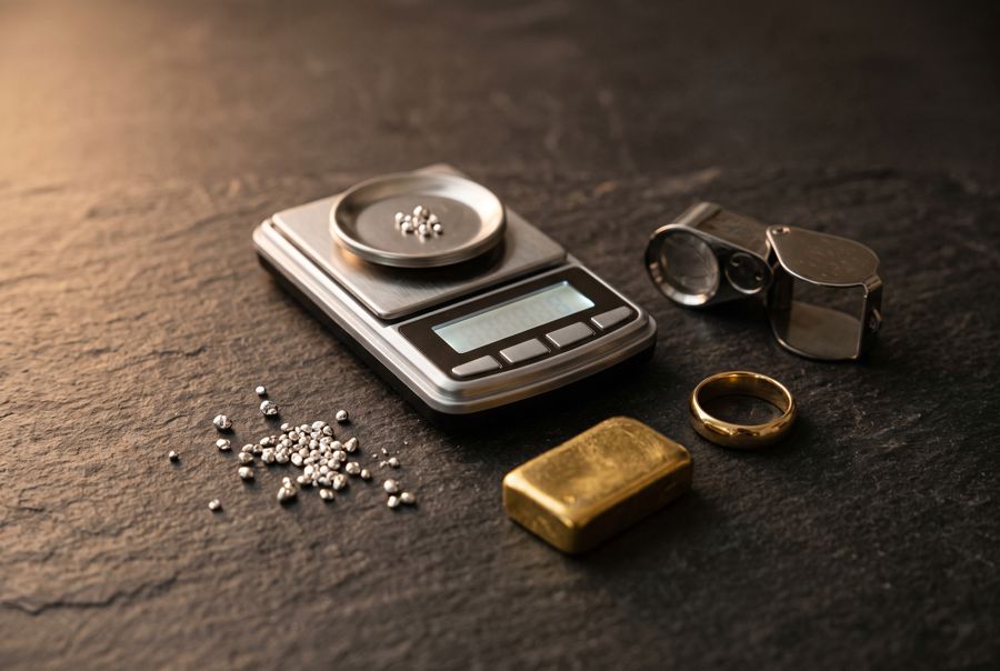 Goldbarren, Feinsilber, Waage, Lupe und Goldring